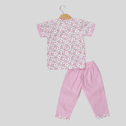 Pink and White Cotton Pyjama Set For Kids with Elephant Print