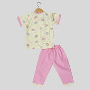 Pink and Yellow Cotton Pyjama Set For Kids with Camera Print
