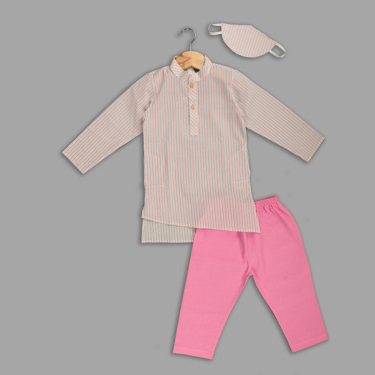 Pink and White Asymmetric Cotton Kurta with Pyjama for Boys