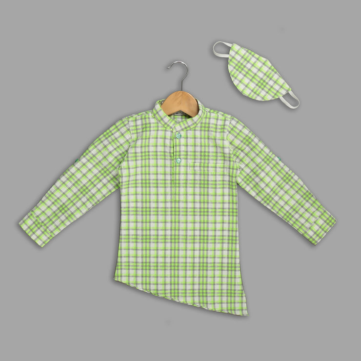 Neon Green Cotton Shirt For Boys With Asymmetrical Hemline