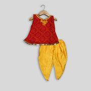 Red Badhani Top and Yellow Dhoti Pant Set