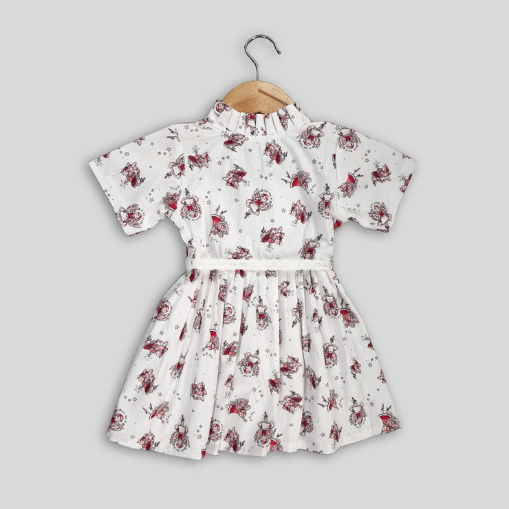 White Cotton Frock with Fairy Print