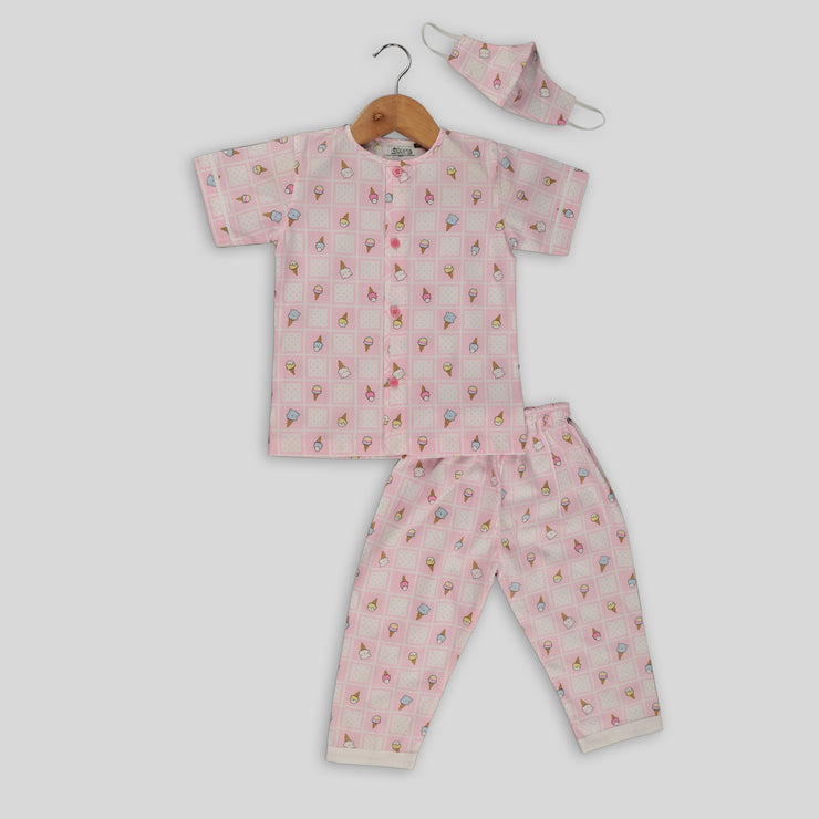 Pink Cotton Pyjama Set For Kids with Ice cream Print