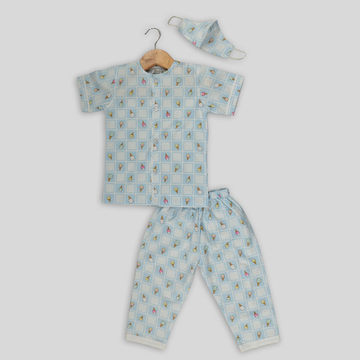 Blue Cotton Pyjama Set For Kids with Ice cream Print