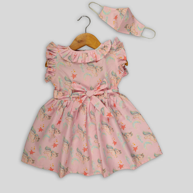 Pink Polyester Satin Frock With Unicorn Print