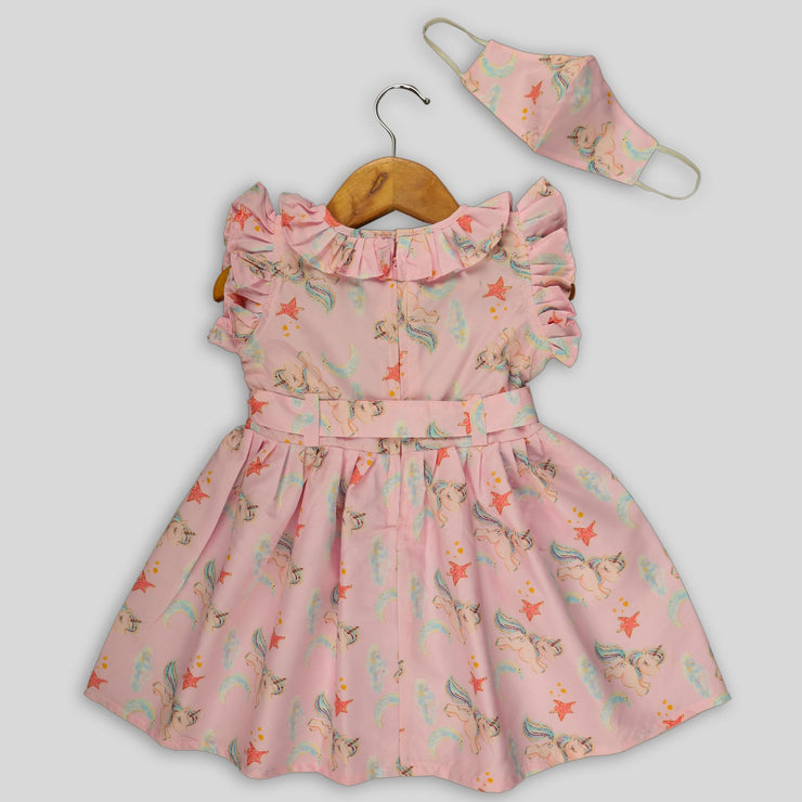 Pink Polyester Satin Frock With Unicorn Print