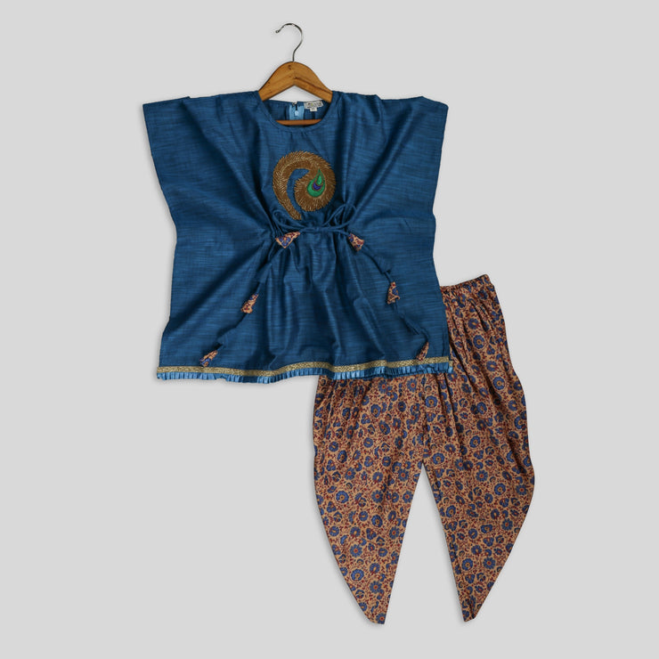 Blue Kaftaan Top and Dhoti Pant Set For Girls