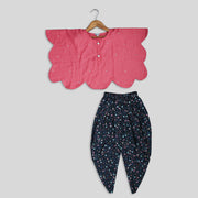 Pink Cape Style Top With Dhoti Pant Set For Girls