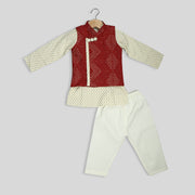Cream Kurta Pyjama With Badhani Print Jacket For Boys