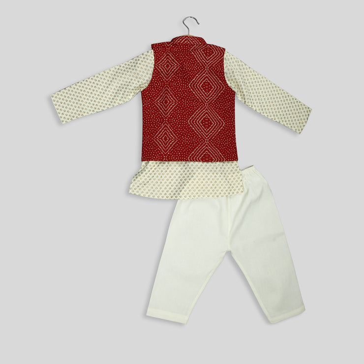 Cream Kurta Pyjama With Badhani Print Jacket For Boys