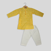 Yellow Cotton Lehariya Printed Kurta Pyjama For Boys