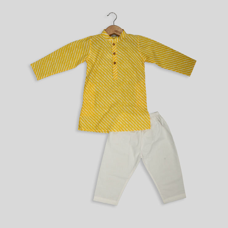 Yellow Cotton Lehariya Printed Kurta Pyjama For Boys