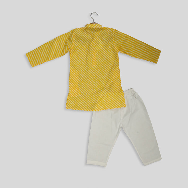 Yellow Cotton Lehariya Printed Kurta Pyjama For Boys