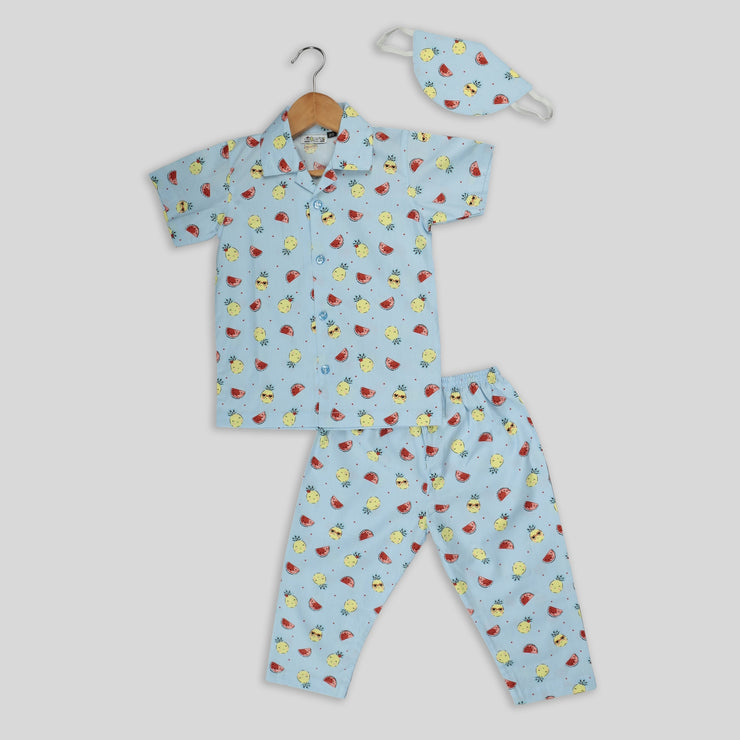 Blue Cotton Pyjama Set with Fruit Print