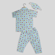 Blue Cotton Pyjama Set with Fruit Print