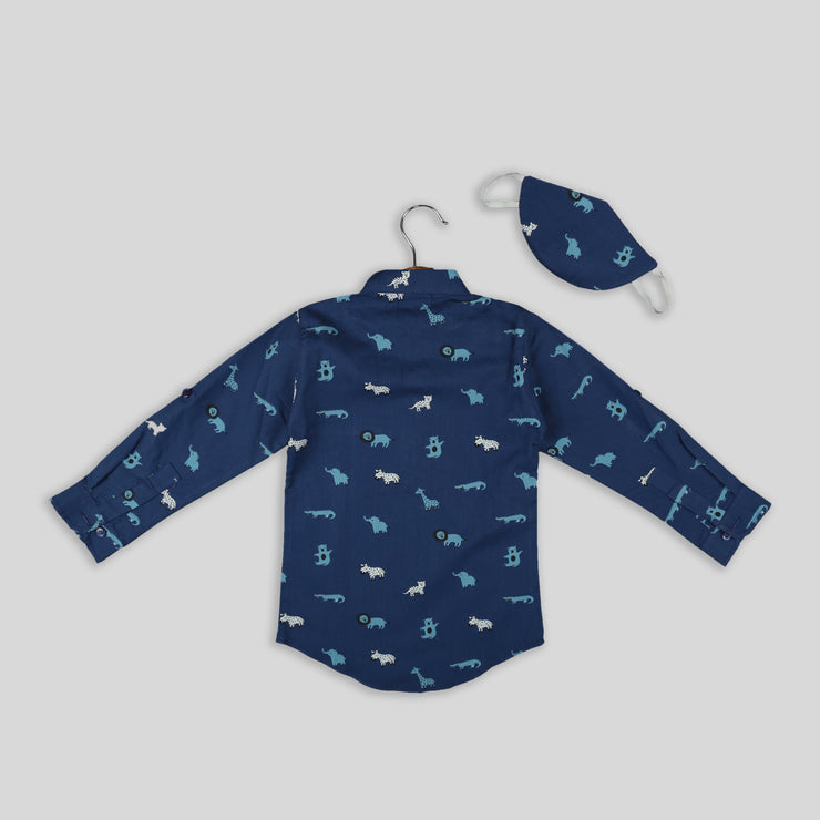 Blue Cotton Shirt For Boys With Mask