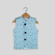 Blue Cotton Waistcoat with Feather Print