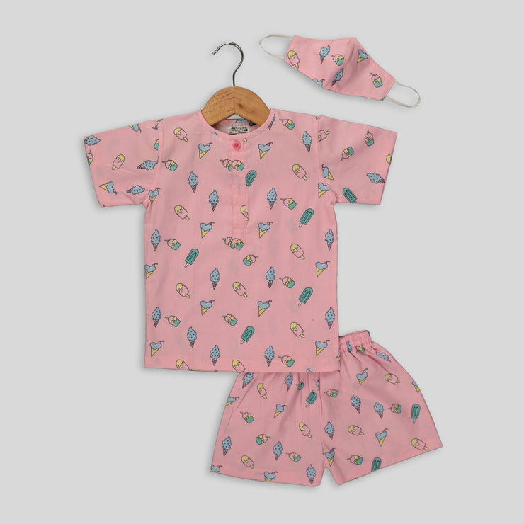 Ice Cream Printed Half-Sleeves Nightwear For Girls