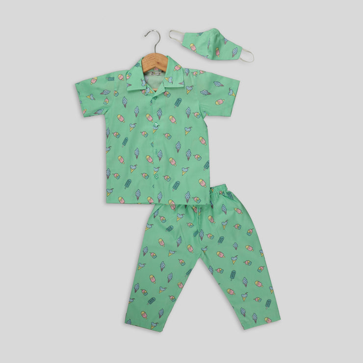 Ice Cream Printed Half-Sleeves Nightwear For Kids