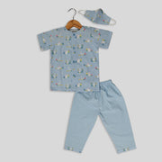 Blue Cotton Pyjama Set with Rabbit Print