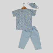 Blue Cotton Pyjama Set with Rabbit Print