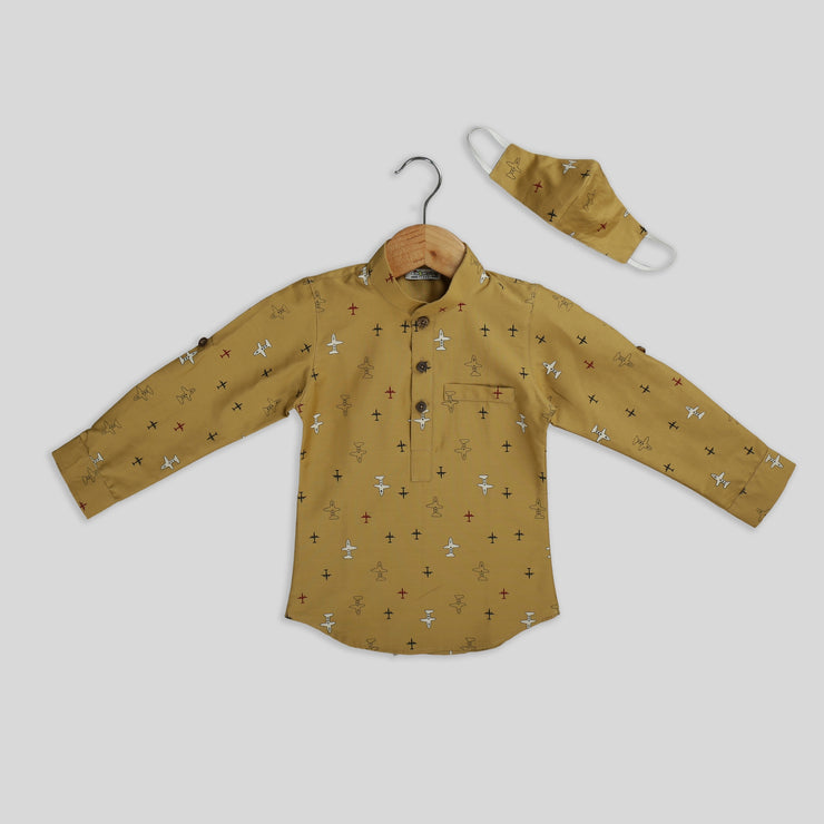 Beige Cotton Casual Shirt For Boys With Mask