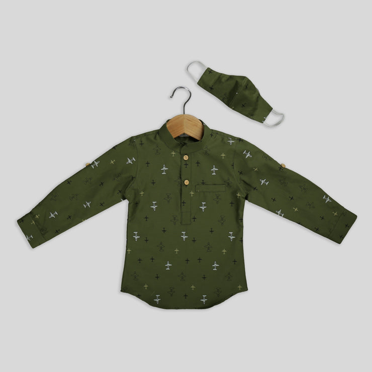 Green Cotton Boy’s Kurta Shirt With Mask