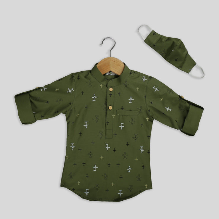 Green Cotton Boy’s Kurta Shirt With Mask