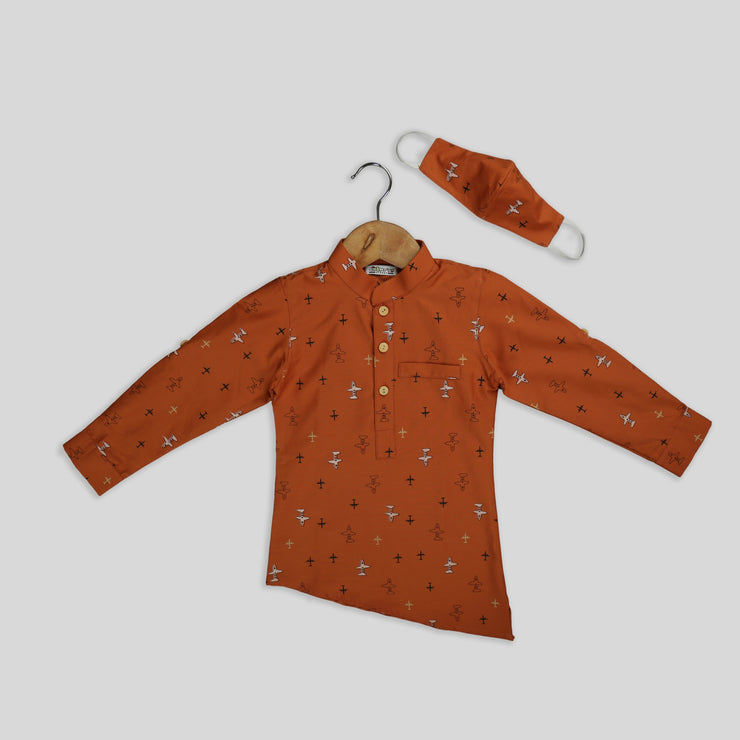 Brown Cotton Boy’s Kurta Shirt With Mask