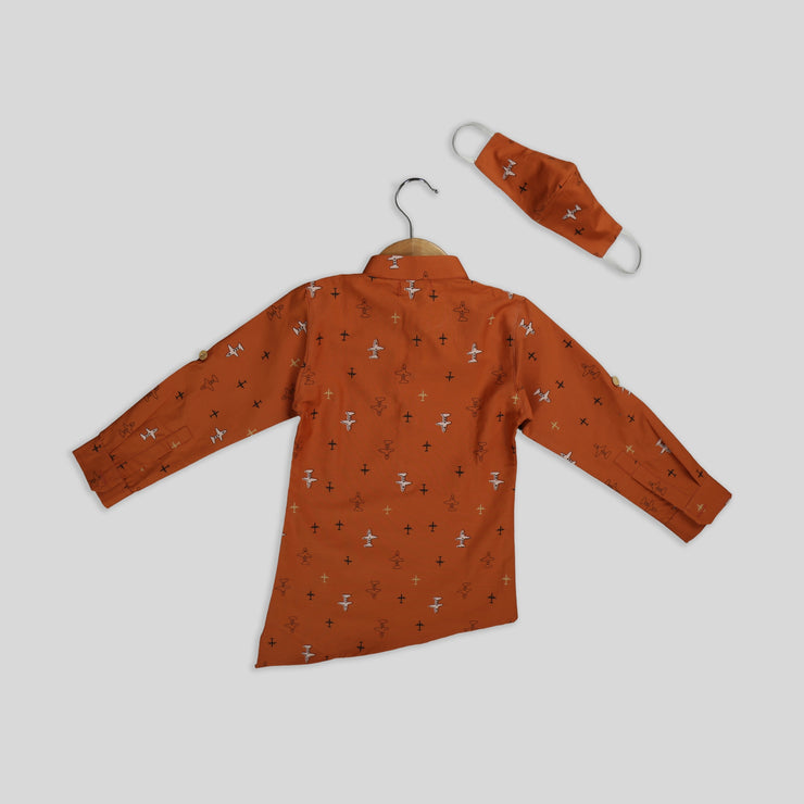 Brown Cotton Boy’s Kurta Shirt With Mask