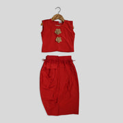 Pre Order: Multicoloured Jacket with Red Skirt and Top Set