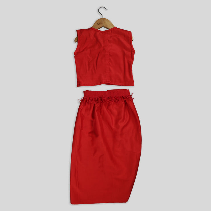 Pre Order: Multicoloured Jacket with Red Skirt and Top Set