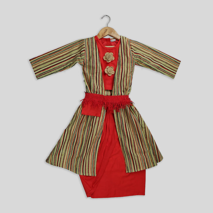 Pre Order: Multicoloured Jacket with Red Skirt and Top Set