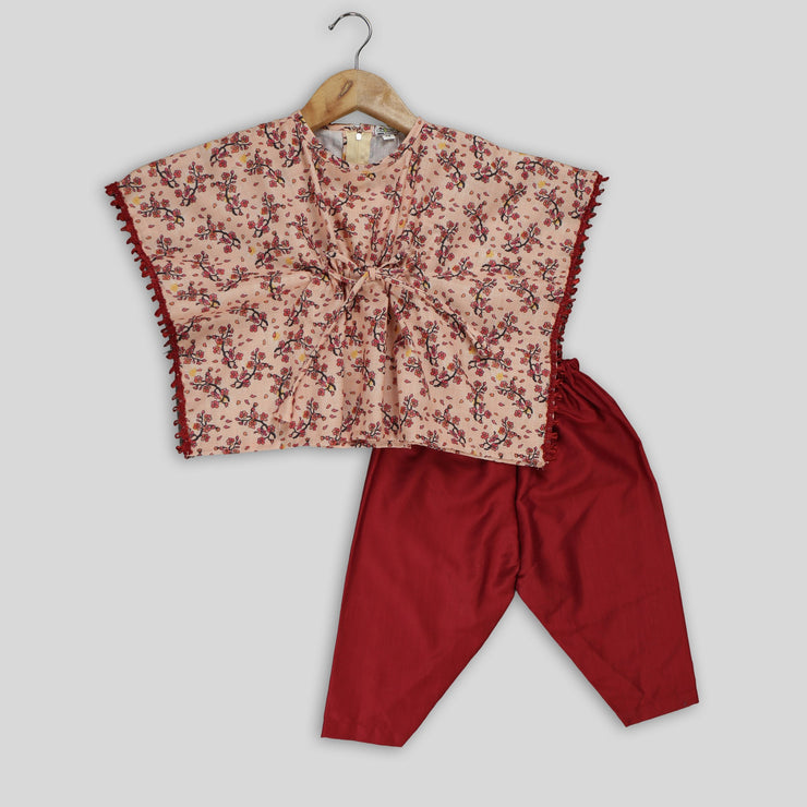 Printed Kaftaan Top and Maroon Pant Set For Girls