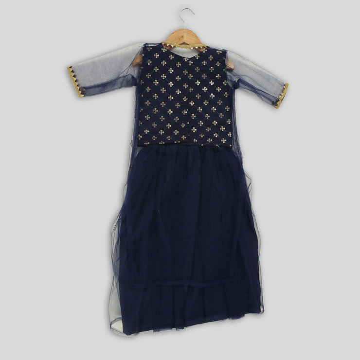 Pre Order: Blue Embroidered Blouse with Net Skirt and Jacket