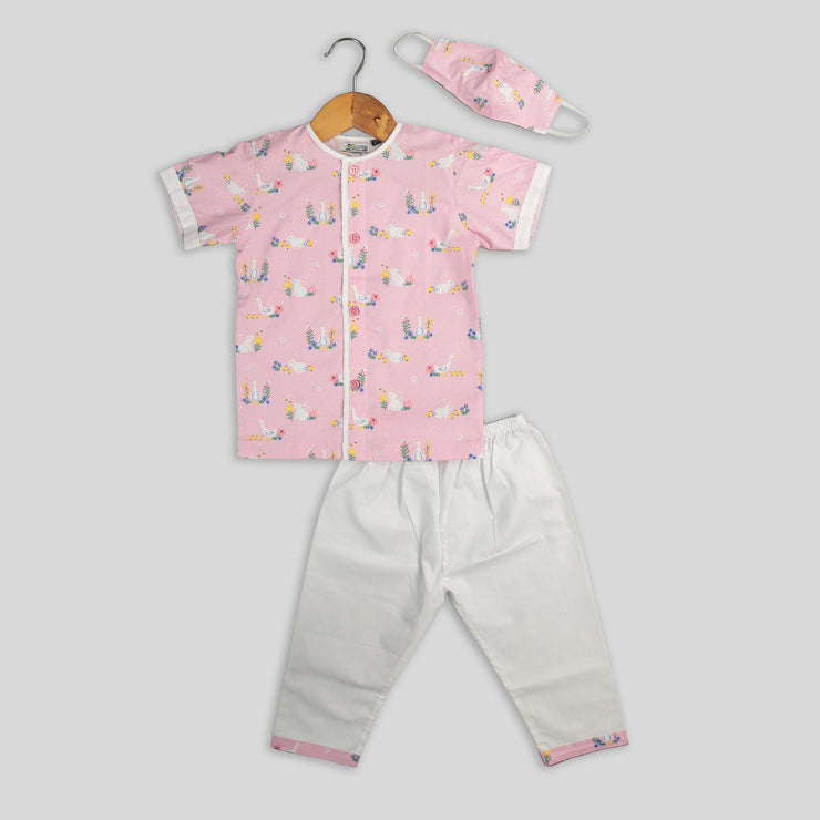 Pink and White Cotton Pyjama Set with Rabbit Print