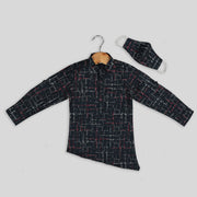 Blue Geometrical Print Cotton Shirt For Boys With Asymmetrical Hemline