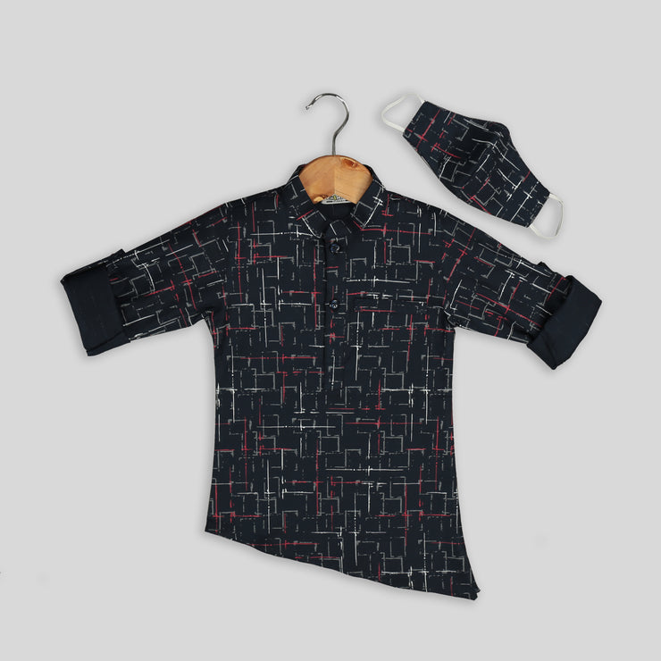 Blue Geometrical Print Cotton Shirt For Boys With Asymmetrical Hemline