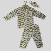 Green And Brown Cotton Pyjama Set With Alligator Print