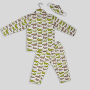 Green And Brown Cotton Pyjama Set With Alligator Print