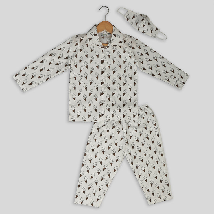 Cotton Pyjama Set For Kids With Ice Cream Print