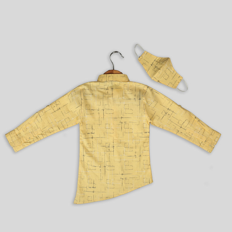 Yellow Geometrical Print Cotton Shirt For Boys With Asymmetrical Hemline