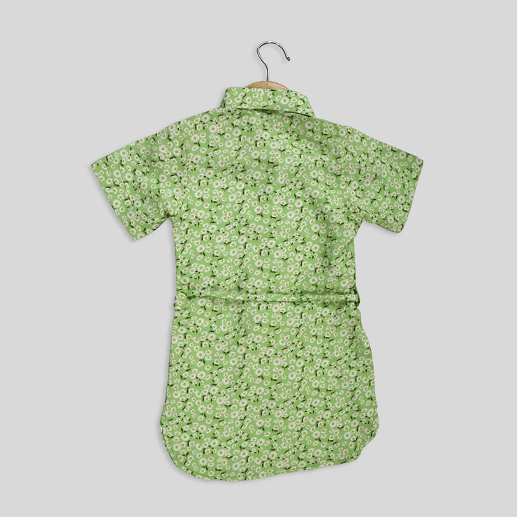 Green Floral Printed Shirt Dress For Girls