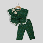 Green Ikat Kaftan Top and Pant Set For Girls