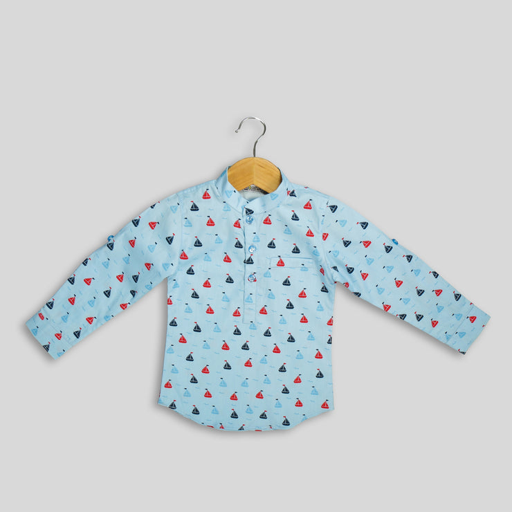 Blue Cotton Shirt with Blue and Red Nautical Print