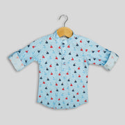 Blue Cotton Shirt with Blue and Red Nautical Print
