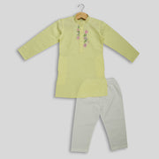 Yellow Cotton Kurta Pyjama Set for Boys With Embroidery