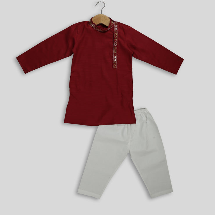Maroon Kurta Pyjama Set for Boys With Embroidery