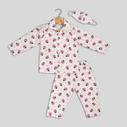 White Cotton Pyjama Set For Girls with Ladybug Print