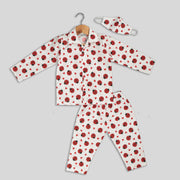 White Cotton Pyjama Set For Kids with Ladybug Print